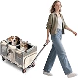 PETCUTE Double-Compartment Pet Rolling Carrier with Wheels for 2 Pets,Foldable Cat Rolling Carrier with Removable Mat,Telescopic Handle,Super Ventilated Design,Ideal for Traveling/Hiking/Camping,Beige - 1