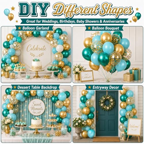 Image of Teal and Gold Balloons, 60PCS Gold Turquoise Balloons Set, 12 Inch Metallic Green Gold Confetti Balloon Teal Blue White Latex Balloon for Wedding Birthday Baby Shower Summer Party Decor
