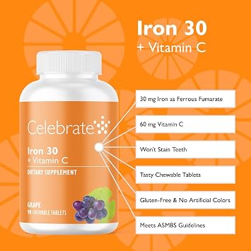 Celebrate Vitamins Iron Supplement with Vitamin C - 30mg Iron, 60mg Vitamin C, Bariatric Vitamins for WLS Patients, Vertical Sleeve & Gastric Bypass Surgery Grape, 90 Chewable Tablets
