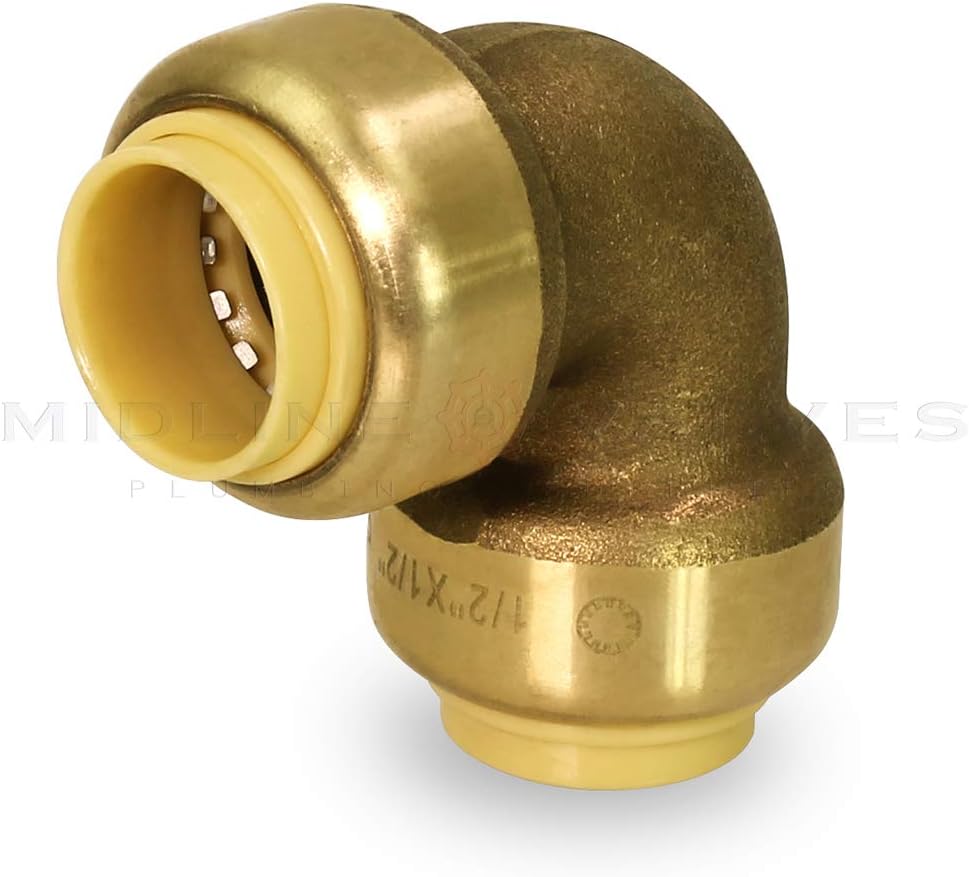 MIDLINE VALVE VQFJ034 90 Degree Elbow Pipe Fittings Push to Connect Pex Copper, CPVC, 1/2'', Brass