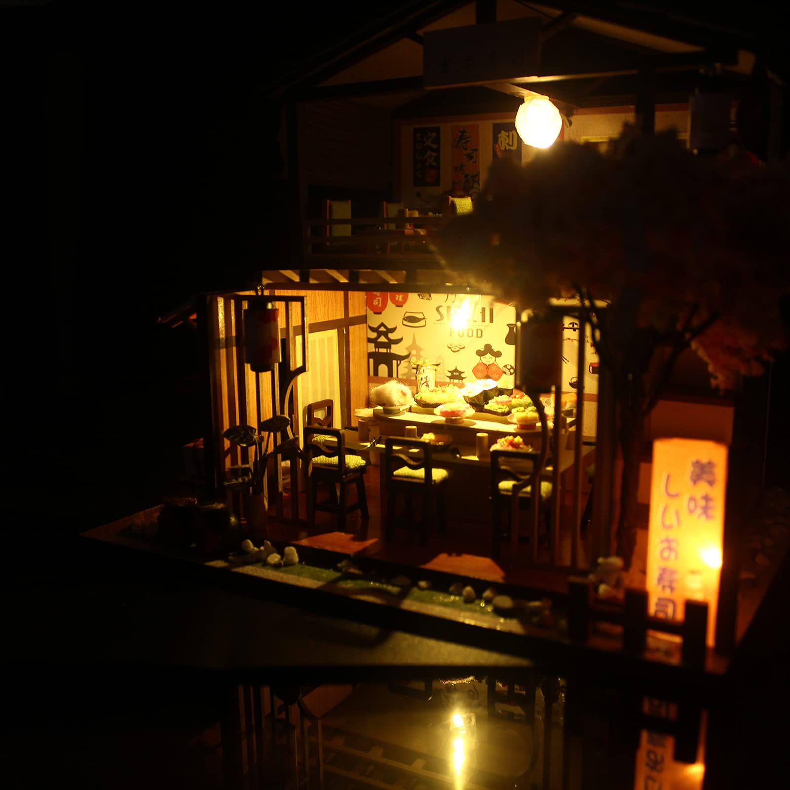 DIY Miniaturowy Zestaw Domowy, Drewniany DIY Sklep z Sushi Model Sklep z Jedzeniem i zabawą kreatywność Japońska Dioda LED montaż Rękodzieło Zabawka Miniaturowe Zestawy Domowe