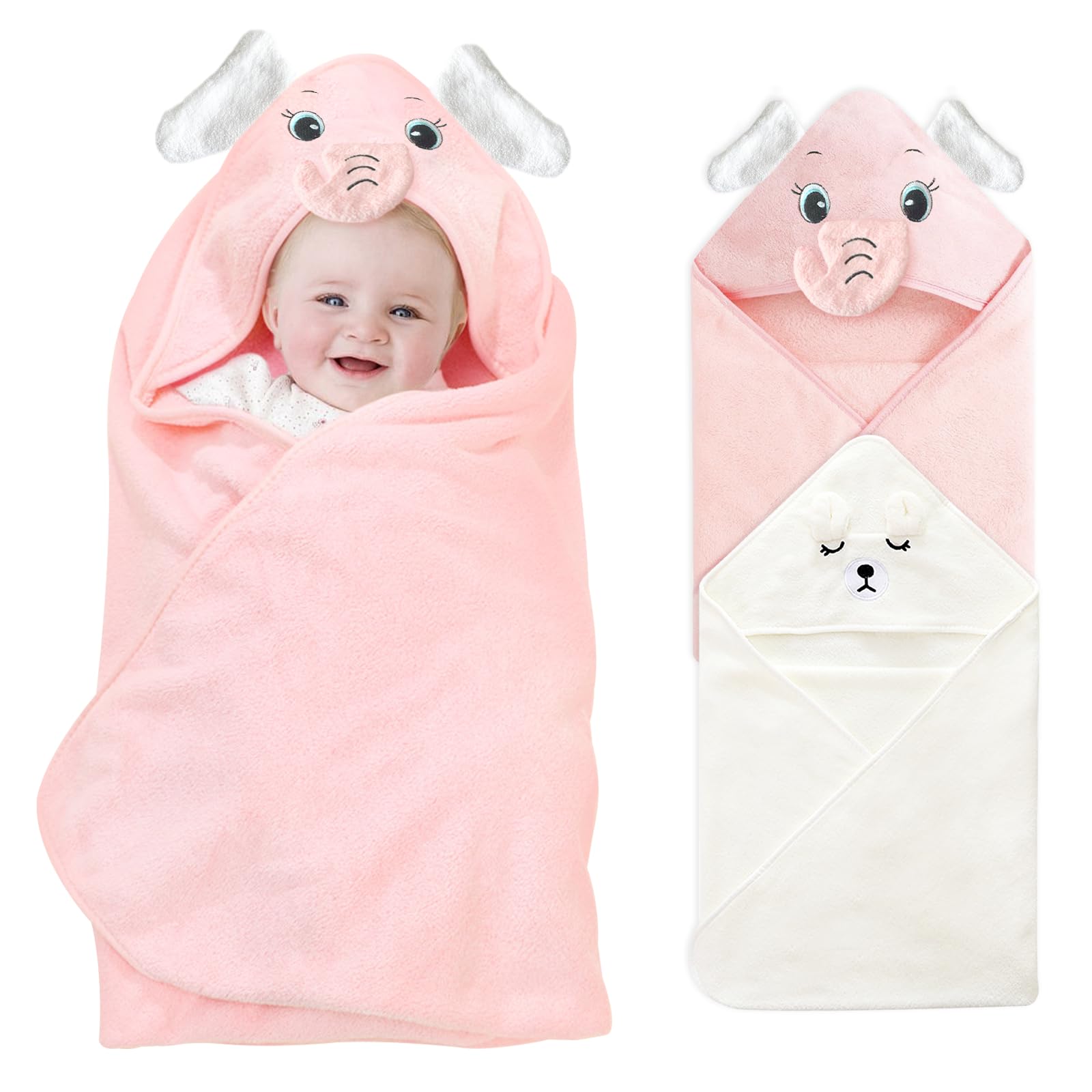 NHTJTHE 2pcs Kapuzenhandtuch für Baby, Kapuze Flauschiges Korallenvlies Weich Super SaugfähigBadehandtuch für Weich,80 x 80 cm Handtücher Badetuch, Absorbierend,Weißer Bär Rosa Elefant