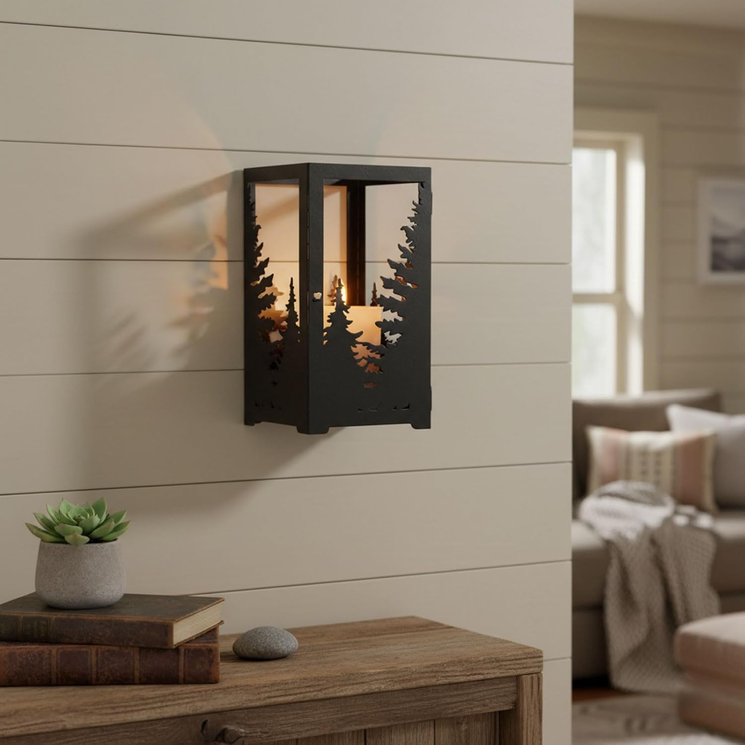 AIM & GGKK Wall Sconce Candle Holder - Set of 2 Black Forest Pine Tree Metal Rustic Candle Sconce for Wall Mount, Geometric Mountain Scene Wall Decor for Living Room, Bedroom