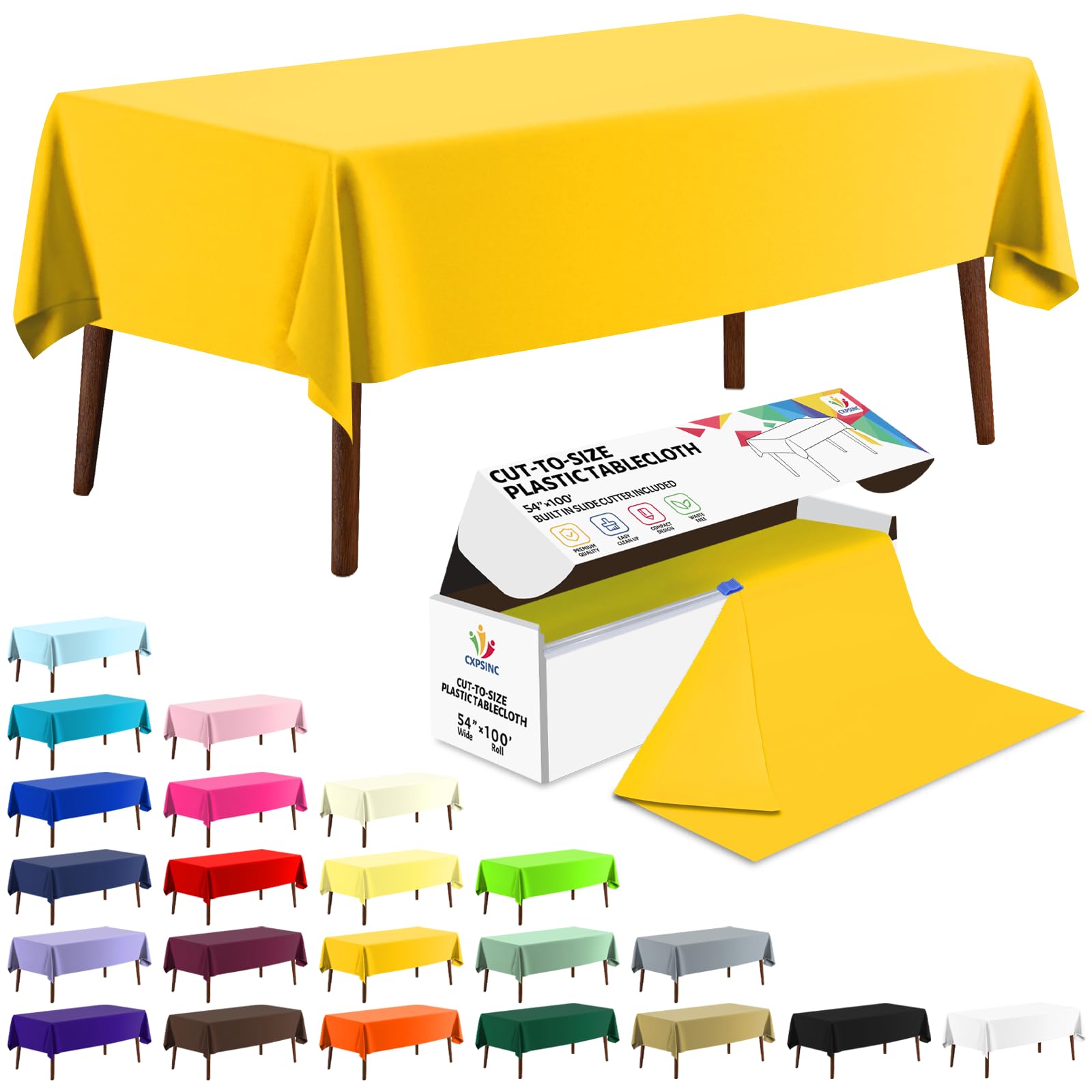 CXPSINC 54 Inch X 100 Feet Plastic Table Cover Roll Disposable Tablecloth with Slide Cutter for All Type/Shape Tables | Party, Banquet, Birthdays, Weddings(Yellow, 100 Feet)