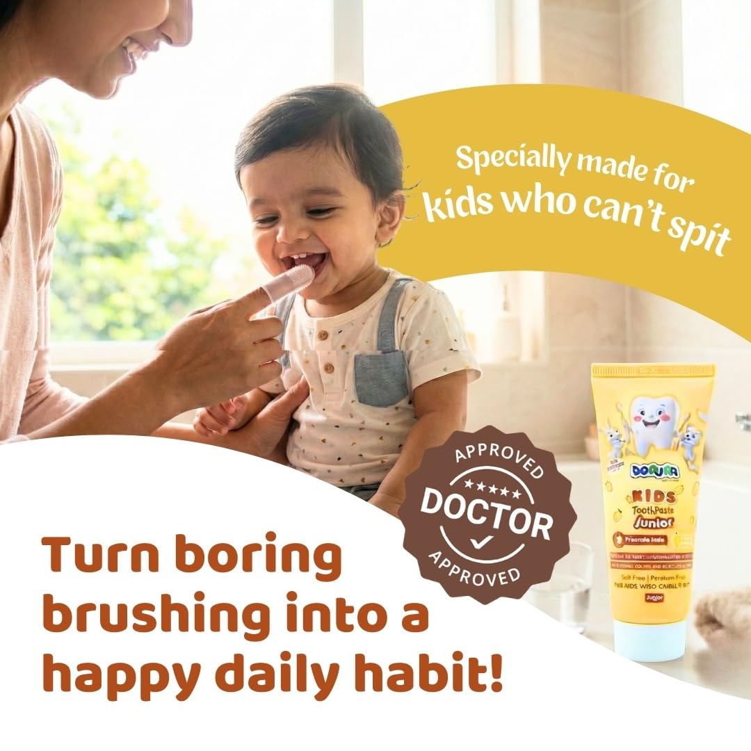 Docura Kids Toothpaste Junior, Natural Mango Flavour | Fluoride-Free, Safe if Swallowed | With Nano-Hydroxyapatite & Xylitol for Stronger Teeth | 50g + Free Baby Finger Toothbrush