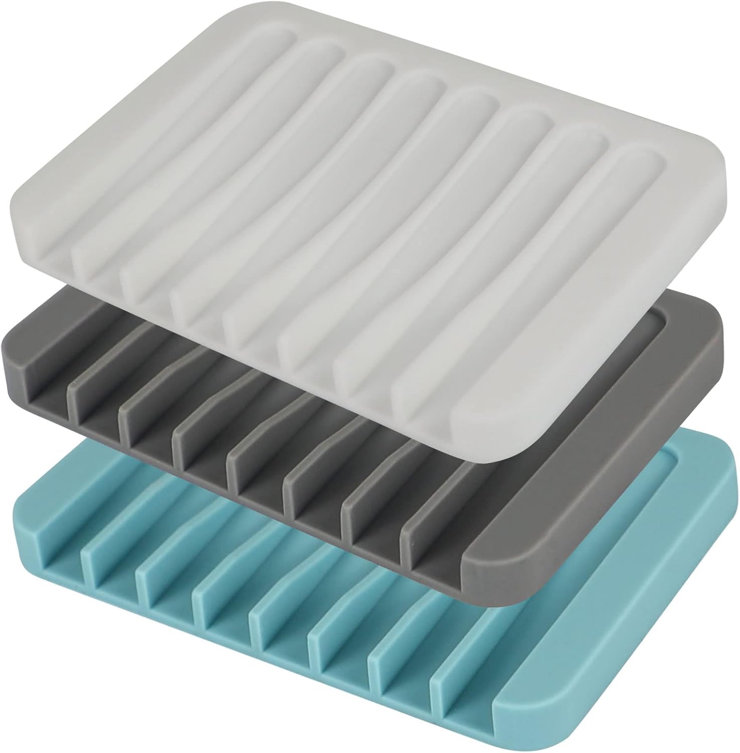 nophike 3PCS Self Draining Soap Dish,Soap Holder,Soap Savers for Shower,Sink,Kitchen, Bathroom ,Bathtub ,Premium Silicone Soap Tray, Keep Soap Clean,Extend Soap Life (White Gray Teal)