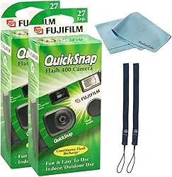 Câmera Fujifilm QuickSnap Flash 400 descartável de 35 mm • Pacote com 2 • 2 alças de mão • Pano de limpeza de microfibra BluebirdSales