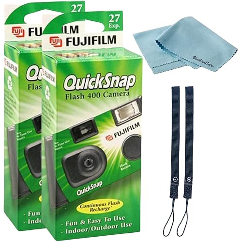 Fujifilm QuickSnap Flash 400 Disposable 35mm Camera • 2 Pack • 2 Hand Straps • BluebirdSales Microfiber Cleaning Cloth