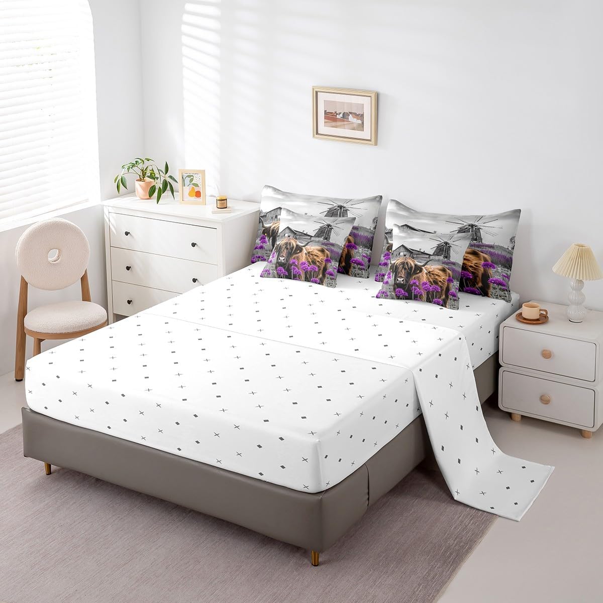 Highland Cow Farm Animals Queen Comforter Set 7 Pieces,Bed in a Bag Queen,Garden Windmill Decor Farmhouse Bedding Set with Retro Rustic Lodge Cabin Cottage Comforter,Flat Sheet,Fitted Sheets