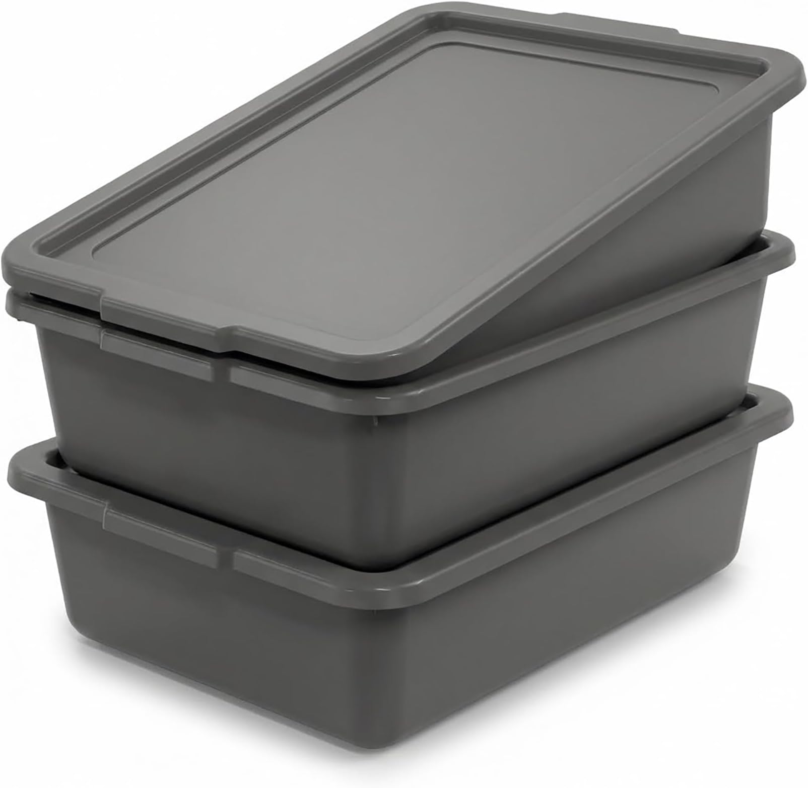 - Gray 13 L Commercial Bus Tubs/Tote Box with Lids, Plastic Storage Wash Basin Tub, 3-Pack