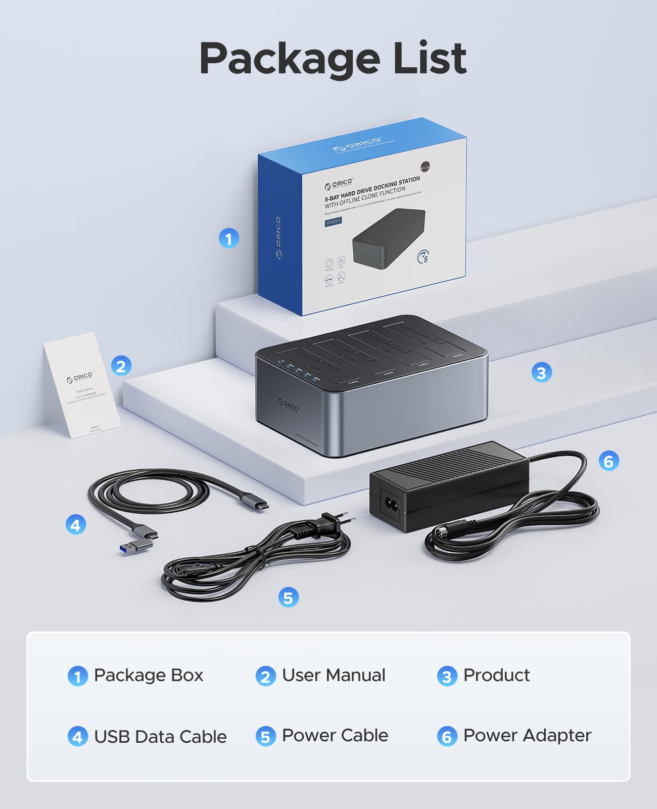ORICO aluminiowa stacja dokująca do klonowania HDD, 4-bajtowa obudowa dysku twardego USB 3.2 Gen 1 na SATA 2,5/3,5 cala SSD/HDD do 4 x 20 TB, klonowanie offline, zasilacz 12V/6,5A (6646C3-C)