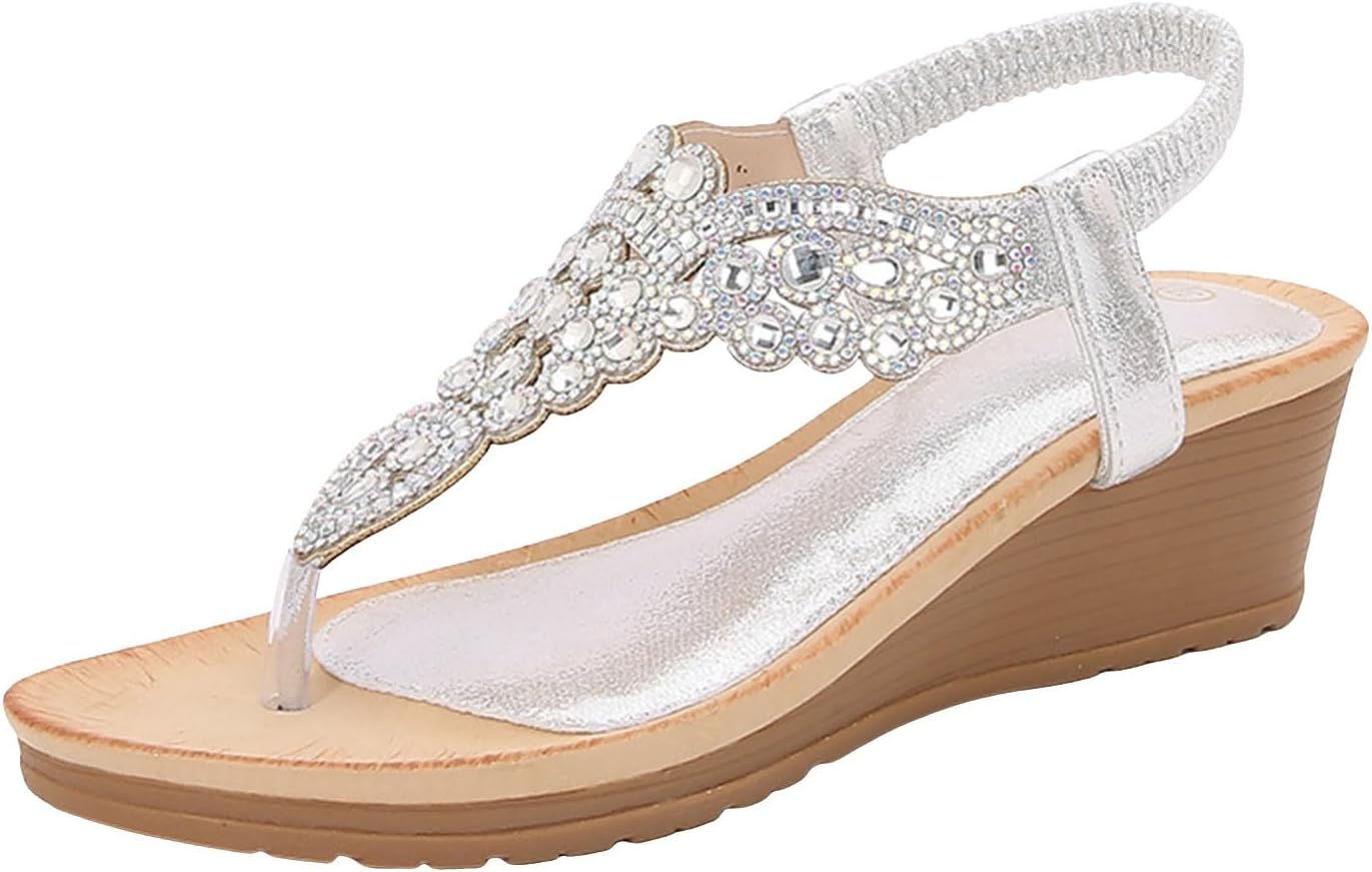 Womens Sandals 𝐆ladiator Wedge,Women Rhinestone Decor Slingback Sandals,Fashion Summer Womens Sandals,Bohemian 𝐒tyle Sandals,Womens Sandals Comfortable Dressy,Wide Width Vacation (7)