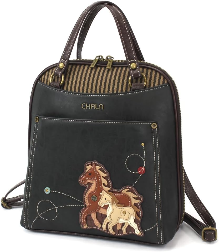 CHALA Group Handbags Multi-Color Convertible Mini Backpack Purse (870) (Black_ Horse Family)