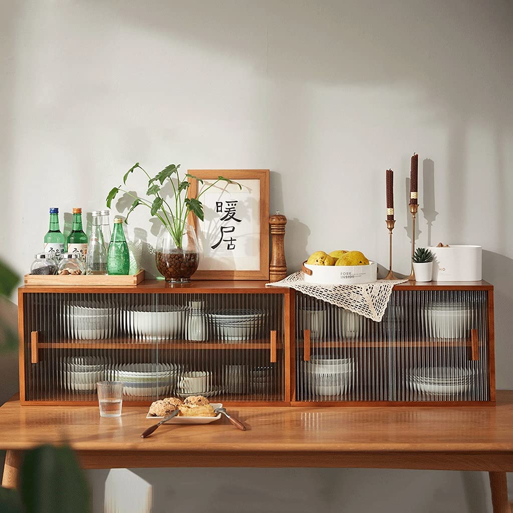 Wooden Display Cabinet,Wall Shelf Hanging Cupboard, 2 Tier for Kitchen Countertop Bar Sideboard Collectibles Storage with Glass Sliding Door(Wood Color)