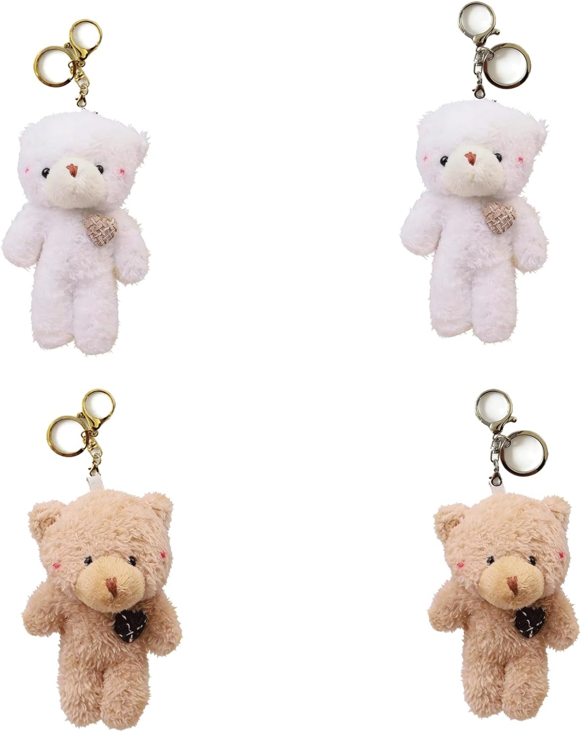 4Pcs Brown Bear Pink Heart Plush Stuffed Keychain For Backpack,Backpack keychain,valentine gift,Plush,Soft Cotton Key Chain For DIY Keychain Crafts Stuffed Animals, Car Accessories(White+Brown)