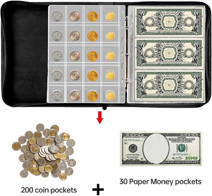 Collection Album and Paper Money Storage Case with 200 Pockets and 30 Currency Sleeves, PU Leather Binder for Stamps and Souvenirs, 13 x 10.44 x 2.36 Inches, Transparent PVC
