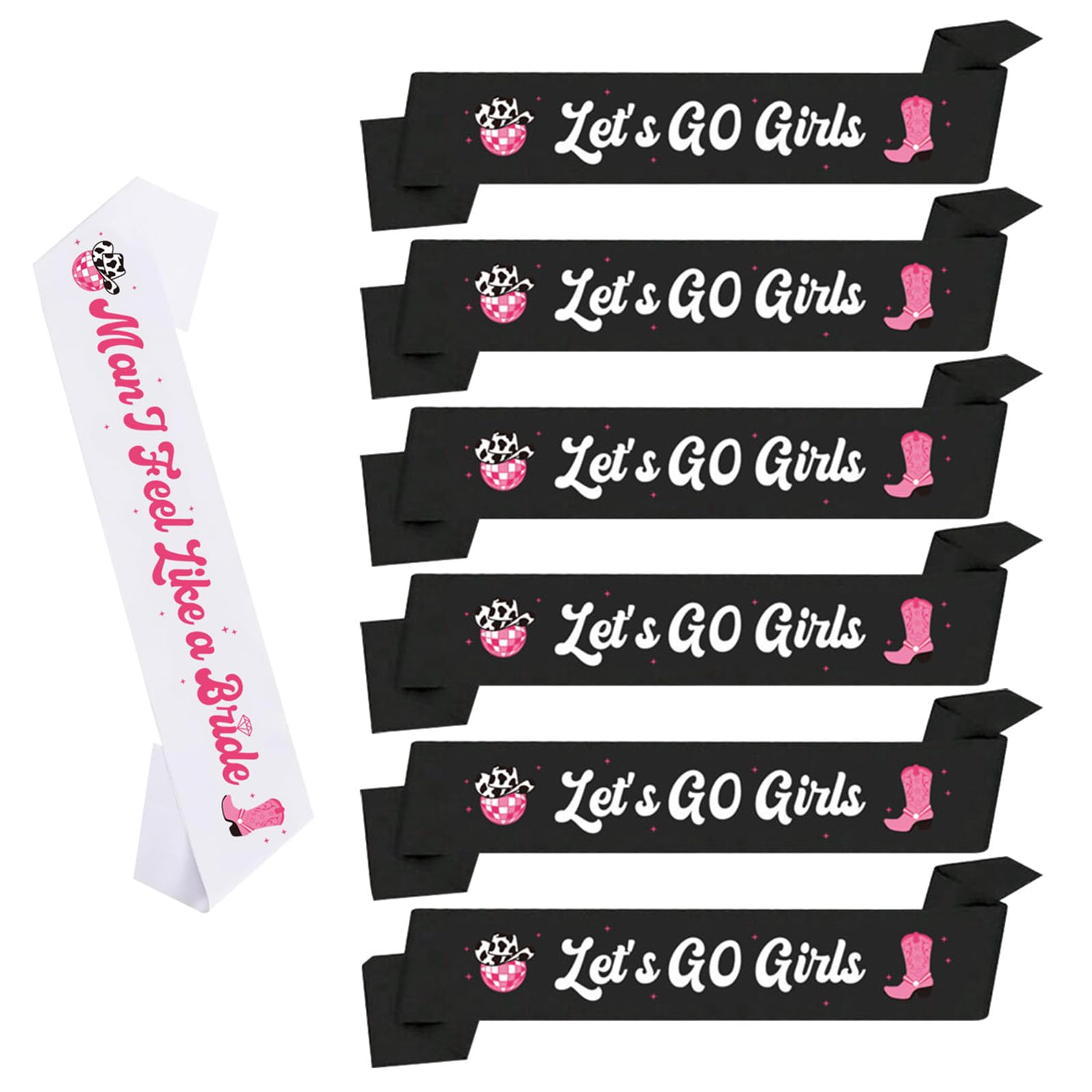 alloneslife 7Pcs Party Sashes Cowgirl Bachelorette Party Decor Shouder Strap for Fun Bride and Girl Night Out Celebrations(white black)