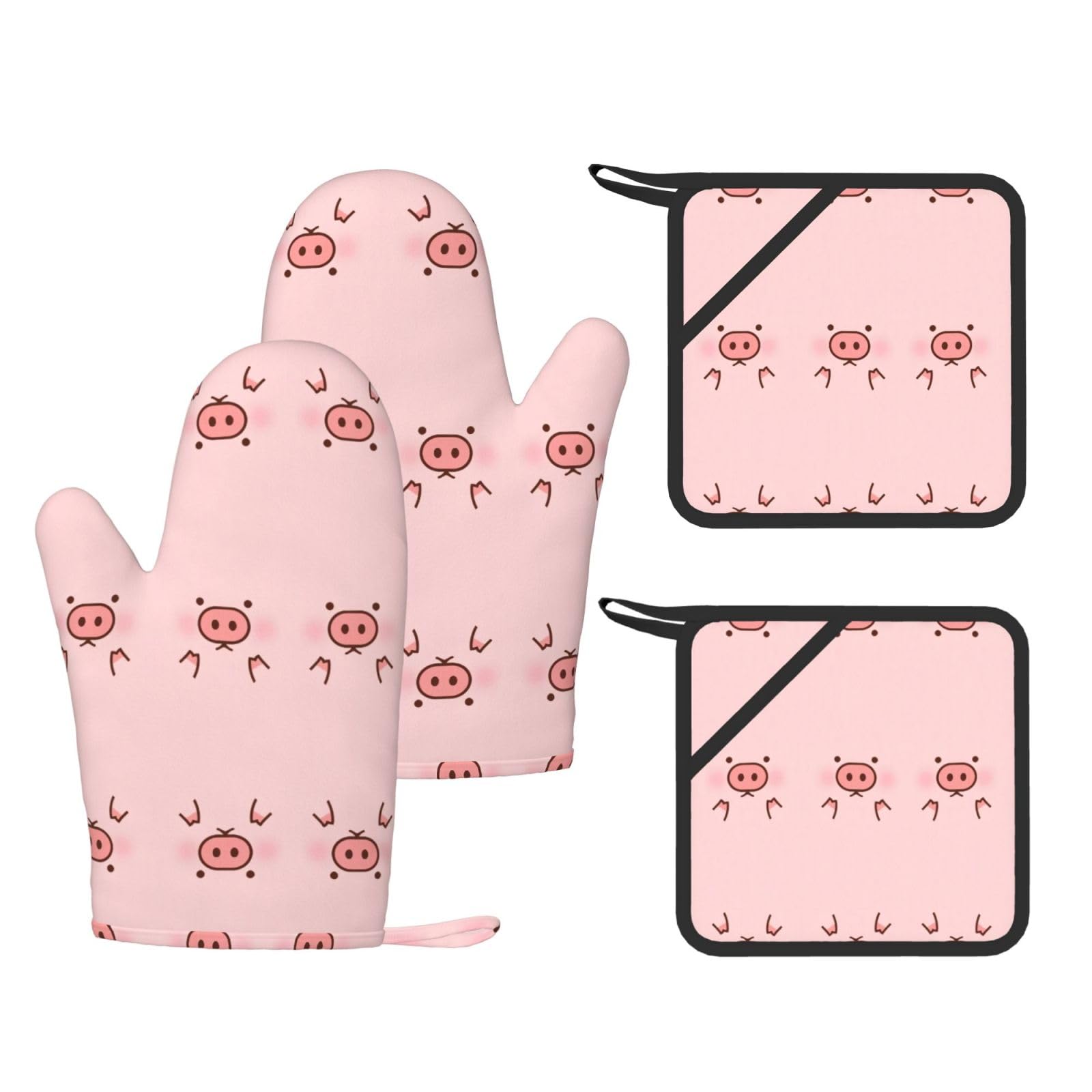 Cute Pig Printed Pot Holders and Oven Mitts 4-Piece, Non-Slip Kitchen Gloves with Utensil Pocket for BBQ