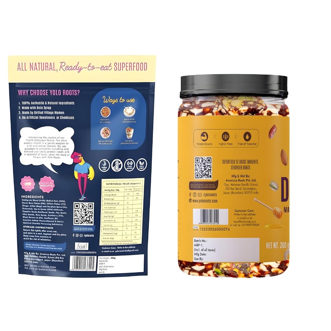 Yolo Roots Vegan Pro Protein Muesli 400g + Date & Nut Bites Barfi 360g Combo | 16g Protein Multigrain Fruit Nut Muesli, Gluten Free Breakfast & Natural Sweet Snack (Pack of 2)
