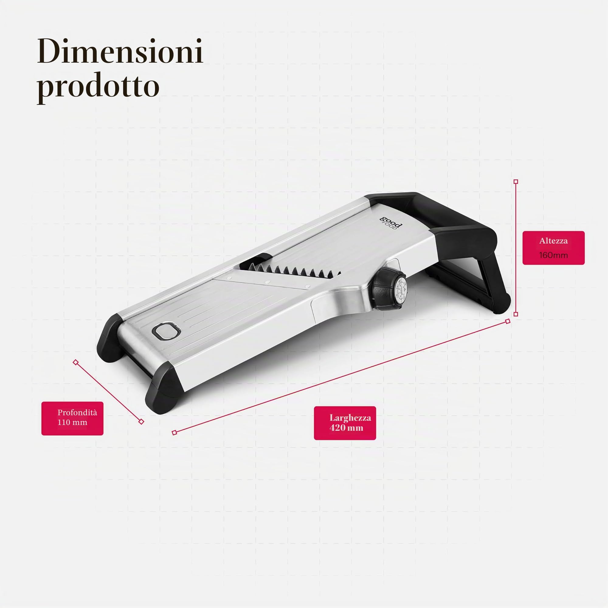 Good Food GF847073 - Mandolino da chef con lame di precisione in acciaio inox, impostazioni regolabili e base antiscivolo in silicone, acciaio inossidabile e nero