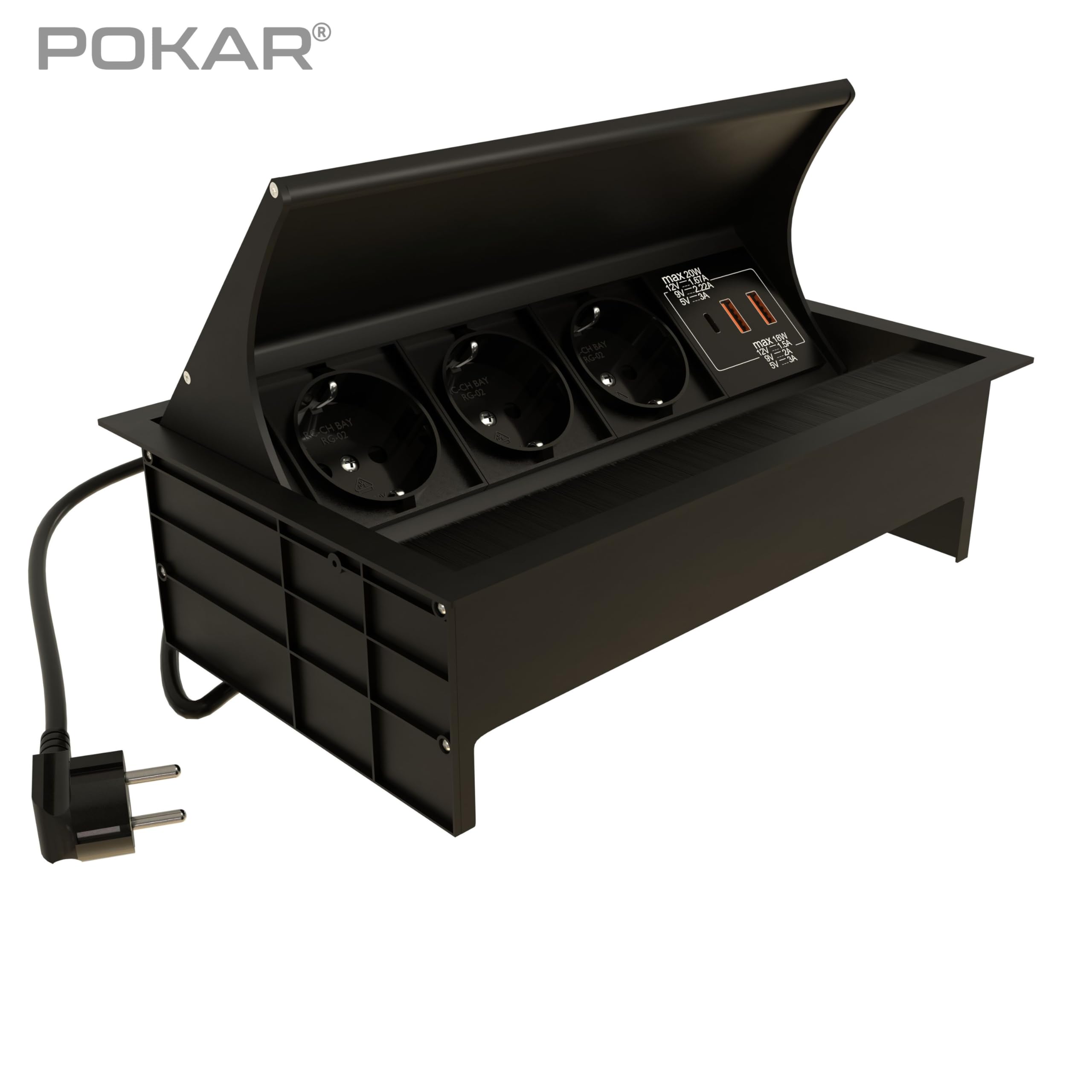 POKAR Regleta Enchufes Multiples Empotrada Regleta para Encimera con 3 Enchufes y USB C & 2 USB A para Escritorio