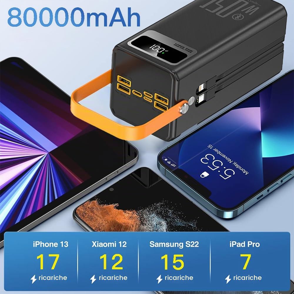 Power Bank 80000mAh USB Grande Batteria Con Display LED Powerbank A Ricarica Rapida Da 22,5 W Con Cavi Integrati Caricabatterie Portatile Compatibile Con Smartphone E Tablet(Size:80000Mah,Color:black)