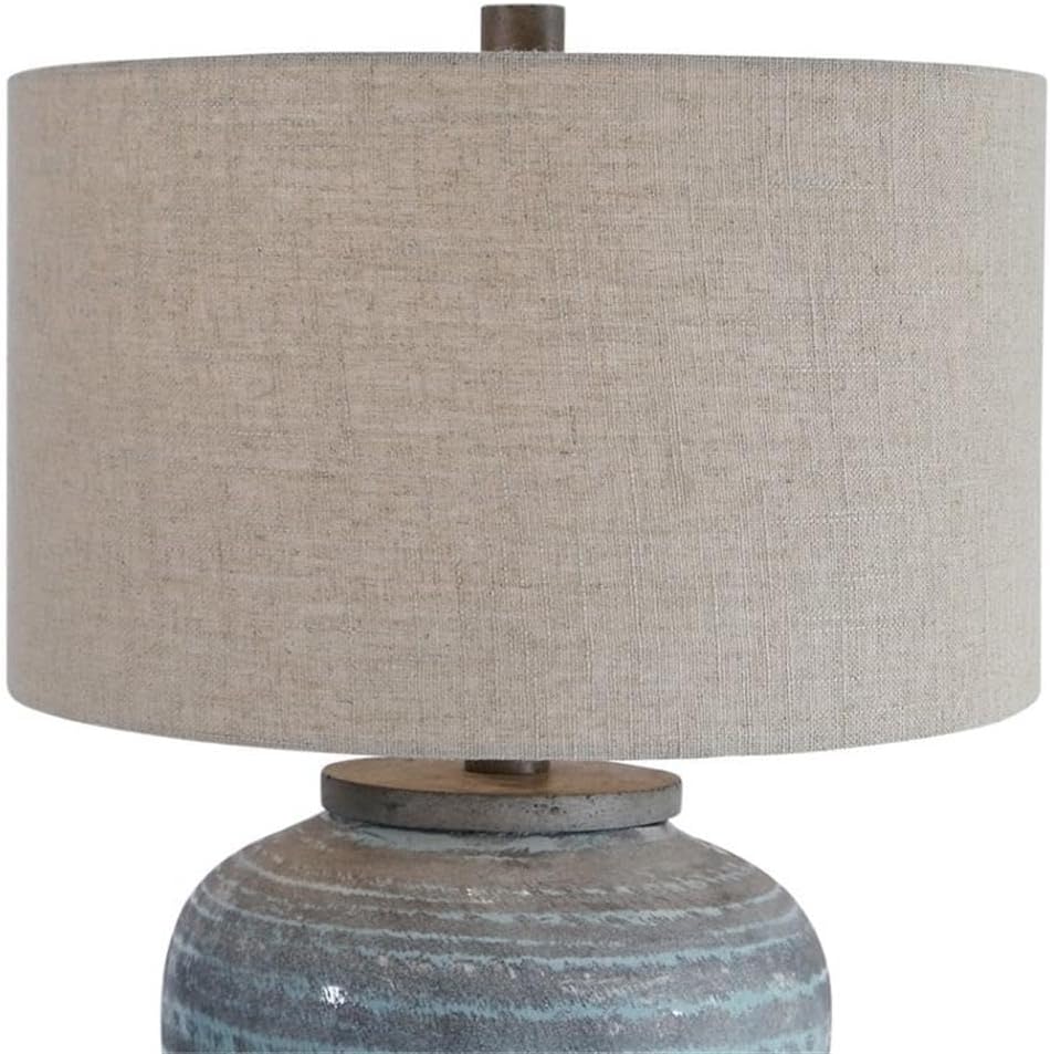 BOWERY HILL Contemporary Table Lamp, 27.5" H, Ceramic and Resin Base, Aqua Blue Crackle Glaze Finish, Beige Linen Drum Shade, Bohemian Design, Single Light, Home Accent Lighting for Living Room or