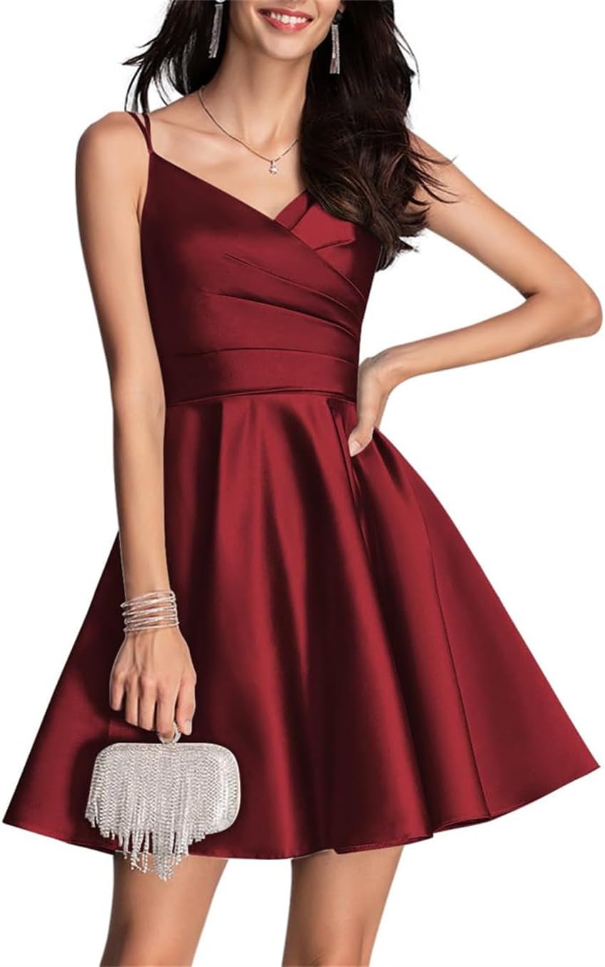 Spaghetti Straps Homecoming Dresses for Teens V Neck Pleats Prom Dress Short with Pockets WSX562
