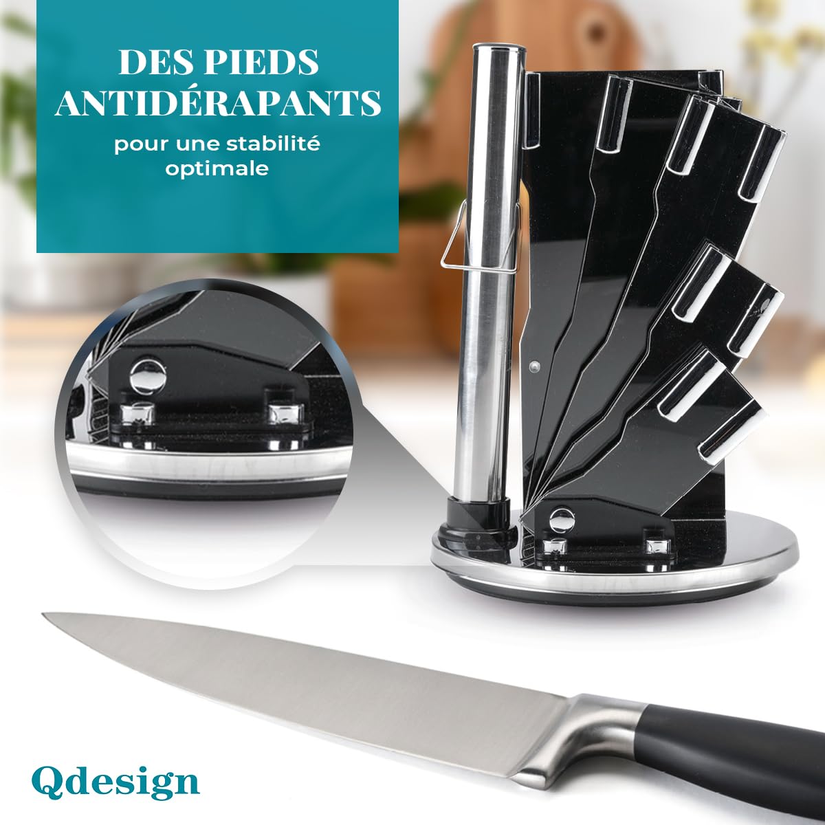 QDESIGN Porte-couteaux acrylique rotatif à 360° + 7 ustensiles de cuisine – Lames en acier inox 3CR14 + poignées douces au toucher- 5 couteaux + ciseaux + bloc de base + fusil à aiguiser– Noir/Argent