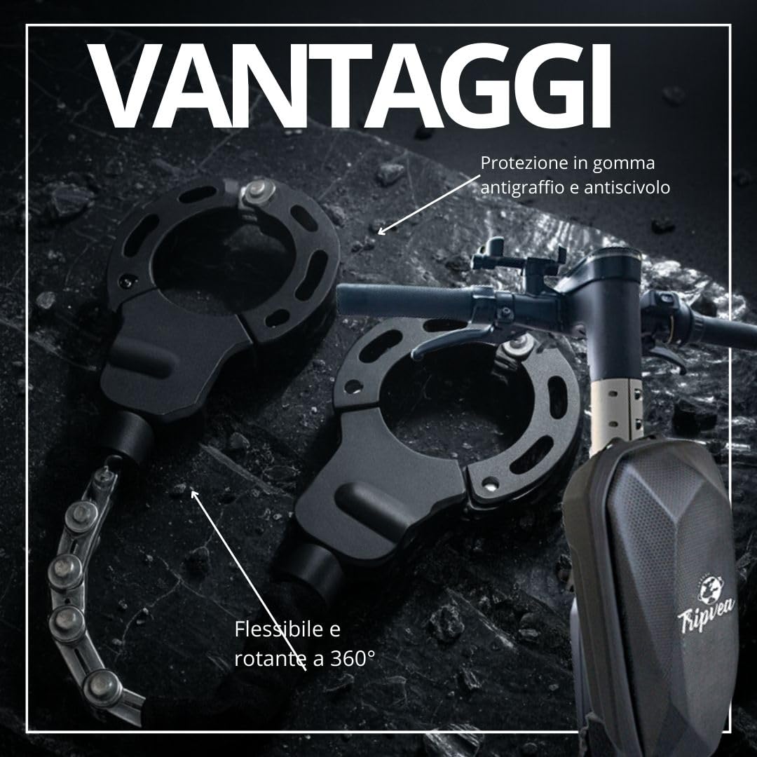 Lucchetto per Monopattino Elettrico, bici, passeggino, scooter + custodia fissabile - Antifurto ultra resistente - Catena con 10 maglie - Lunghezza 56 cm - Ø 8 cm - serratura + 3 chiavi