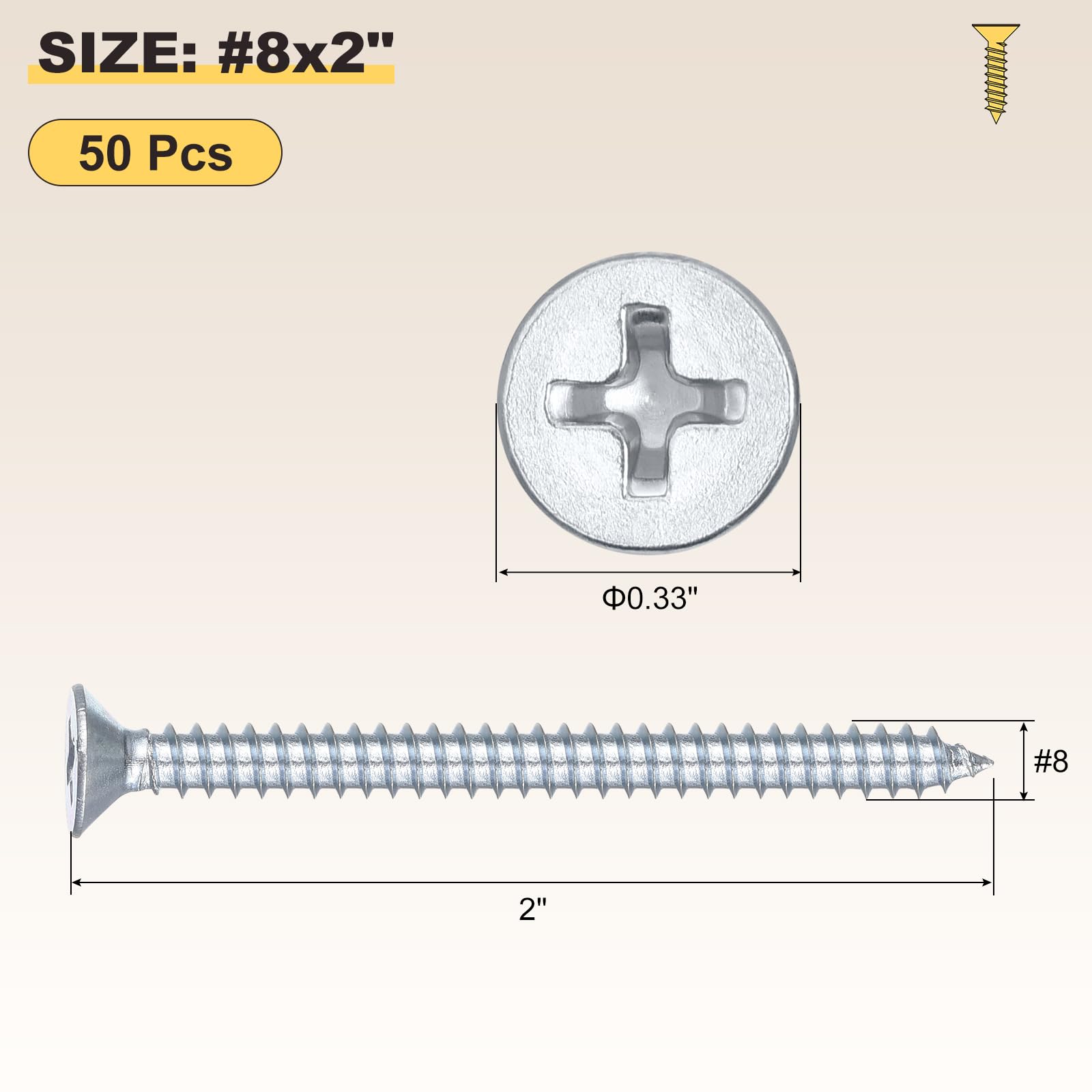 METALLIXITY Countersunk Phillips Wood Screws (#8x2") 50Pcs, Carbon Steel Coarse Thread Phillips Drive Flat Head Wood Screws - Image 2