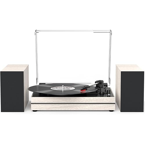 Vinyl Record Player with External Speakers Belt-Drive Turntable for Vinyl Records Dual Stereo Speakers LP Players Support 3 Speed 3 Size Wireless Playback AUX Headphone Input Auto Stop White