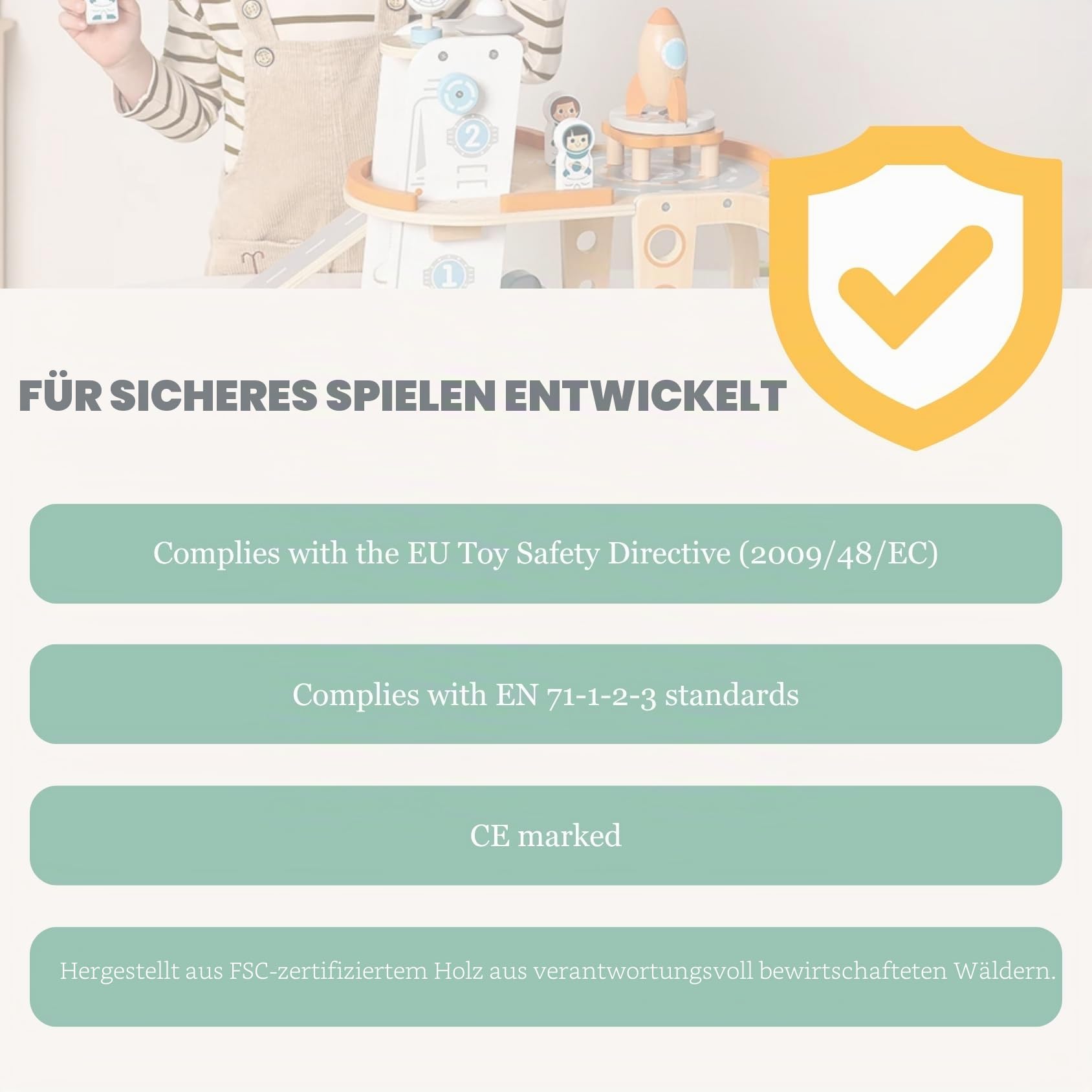 Tooky Toy Weltraum Spielstation FSC Holz: Spielgarage mit Rakete, Astronauten & Fahrzeugen, Montessori Lernspielzeug, Fördert Motorische, Soziale & Emotionale Entwicklung, Geschenk ab 3 Jahren