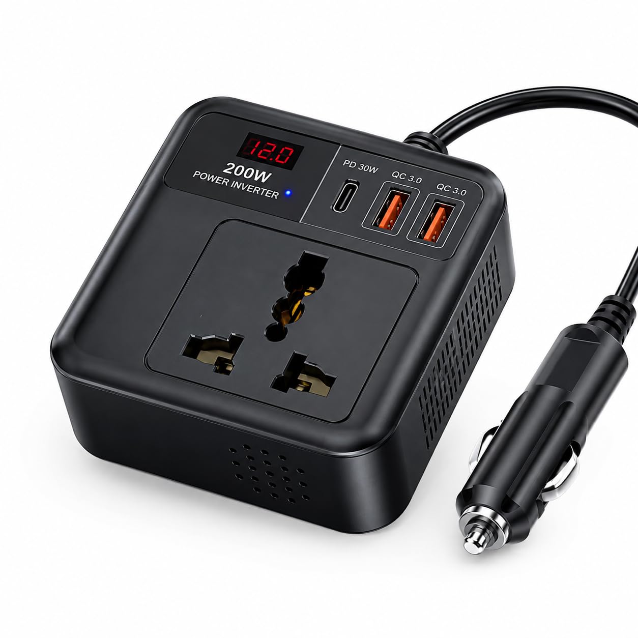 200w car power inverter 12v dc to 220v ac converter | 2 ac outlets, usb-c 30w pd & dual usb qc3.0 fast charging ports, for laptop, mobile, tablet, camera & electronics