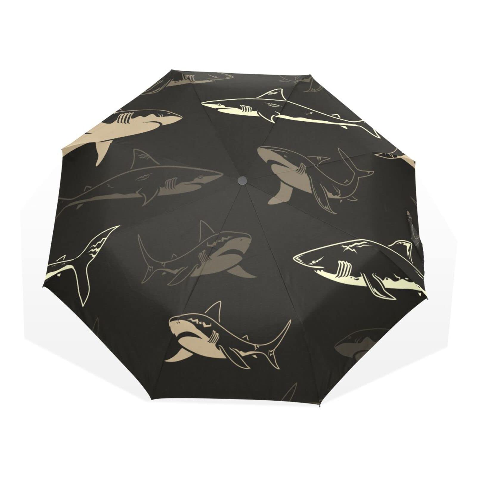 Poeticcity Vintage Retro Swimming Sharks on Dark Rain Travel Umbrella, Hand Open Close Windproof Waterproof Folding Umbrella, Compact Canopy Strong Ray Parasol Umbrella