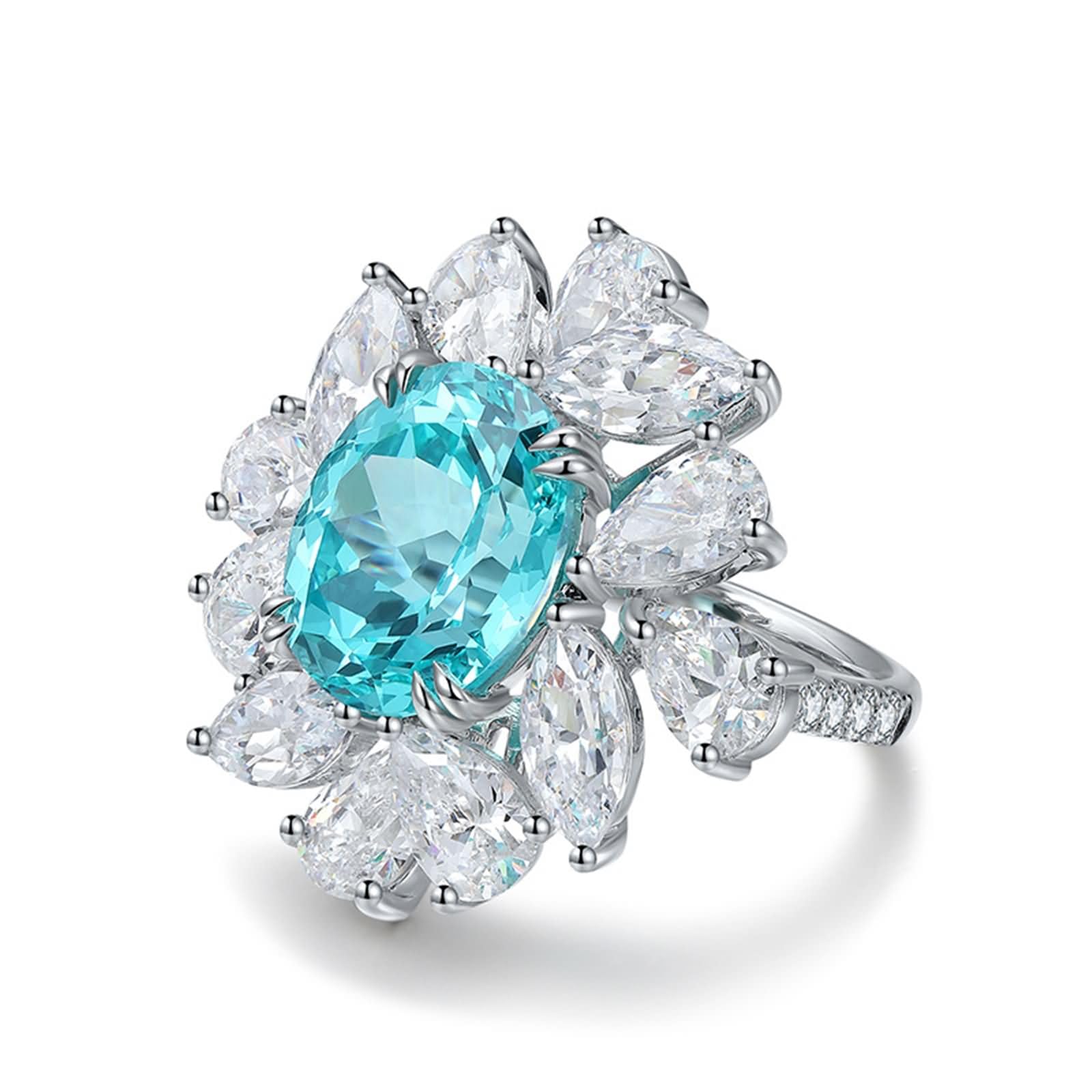 Daesar Anillos para Compromiso Mujer con Flor y Oval con Turmalina Paraiba Creada de 9.79ct y Moissanita, Oro Blanco 9K/14K/18K, Anillos de Boda y Compromiso Plata Azul Lago