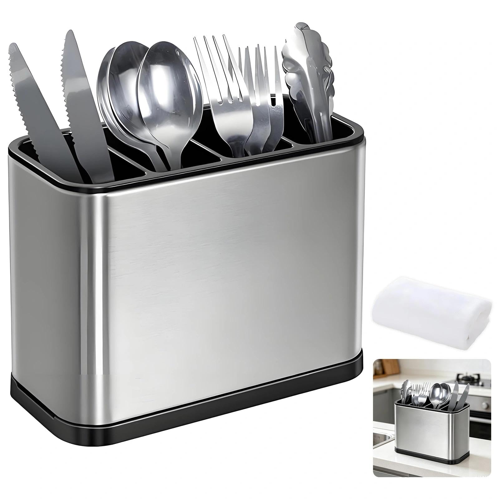 Jieshepr Gray Utensil Holder, 4 Divider Cutlery Drainer For Sink, Cutlery Drainer With Grinding Towels For All Kitchens Countertop Or Table, 18X8.7x13cm (Gray)
