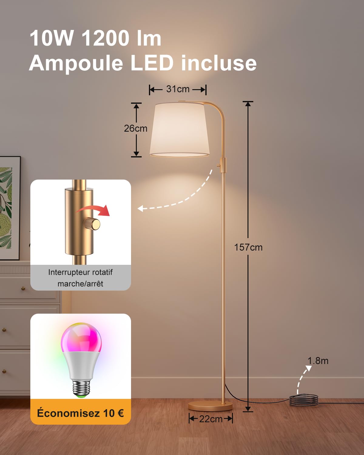 DUSKTEC Lampadaire arqué RGB connecté, contrôle App, Compatible avec Alexa
