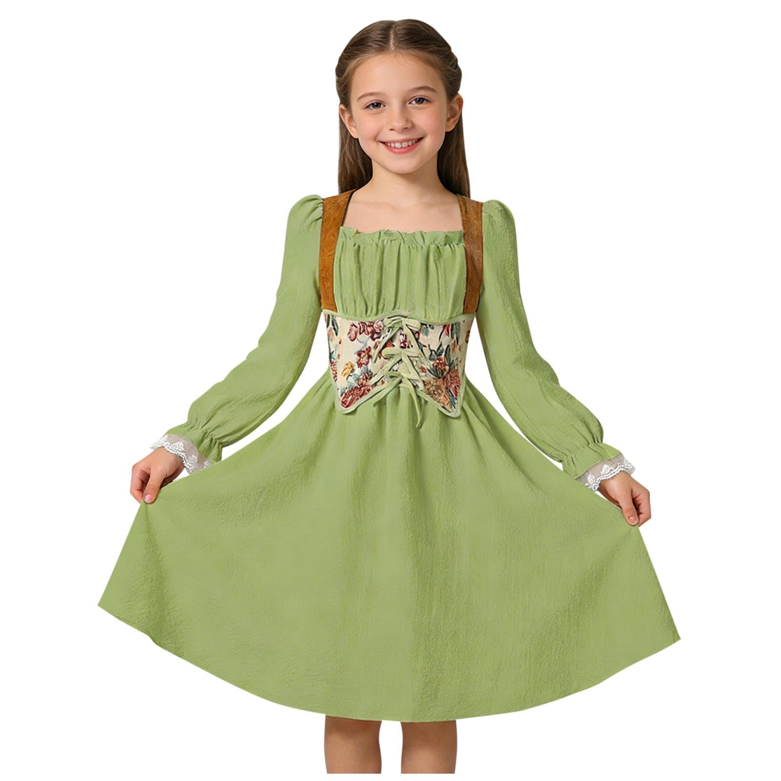 Girls Medieval Dress Dress Up Costumes with Corset, Kids Teens Carnival Elegant French Long Sleeve Gown Classic Court Style Casual Party Wear Halloween Green 10 Years