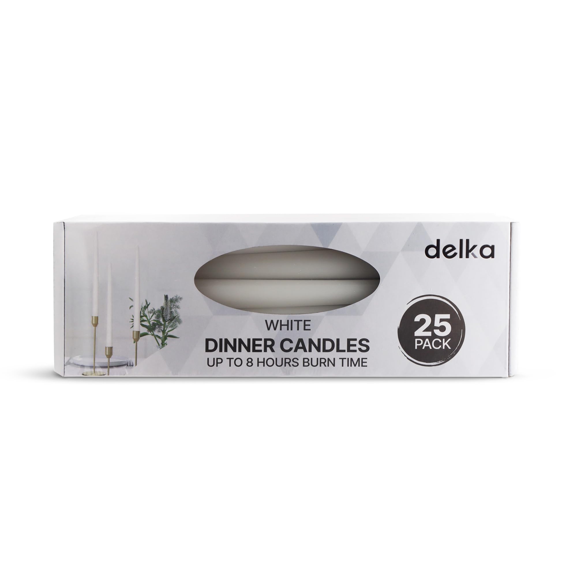 Delka White Tapered Dinner Candles – Long Burn 8 Hours, Unscented, Dripless, Smokeless – Elegant Table Candles For Weddings, Home Décor, Parties, Events & Holidays