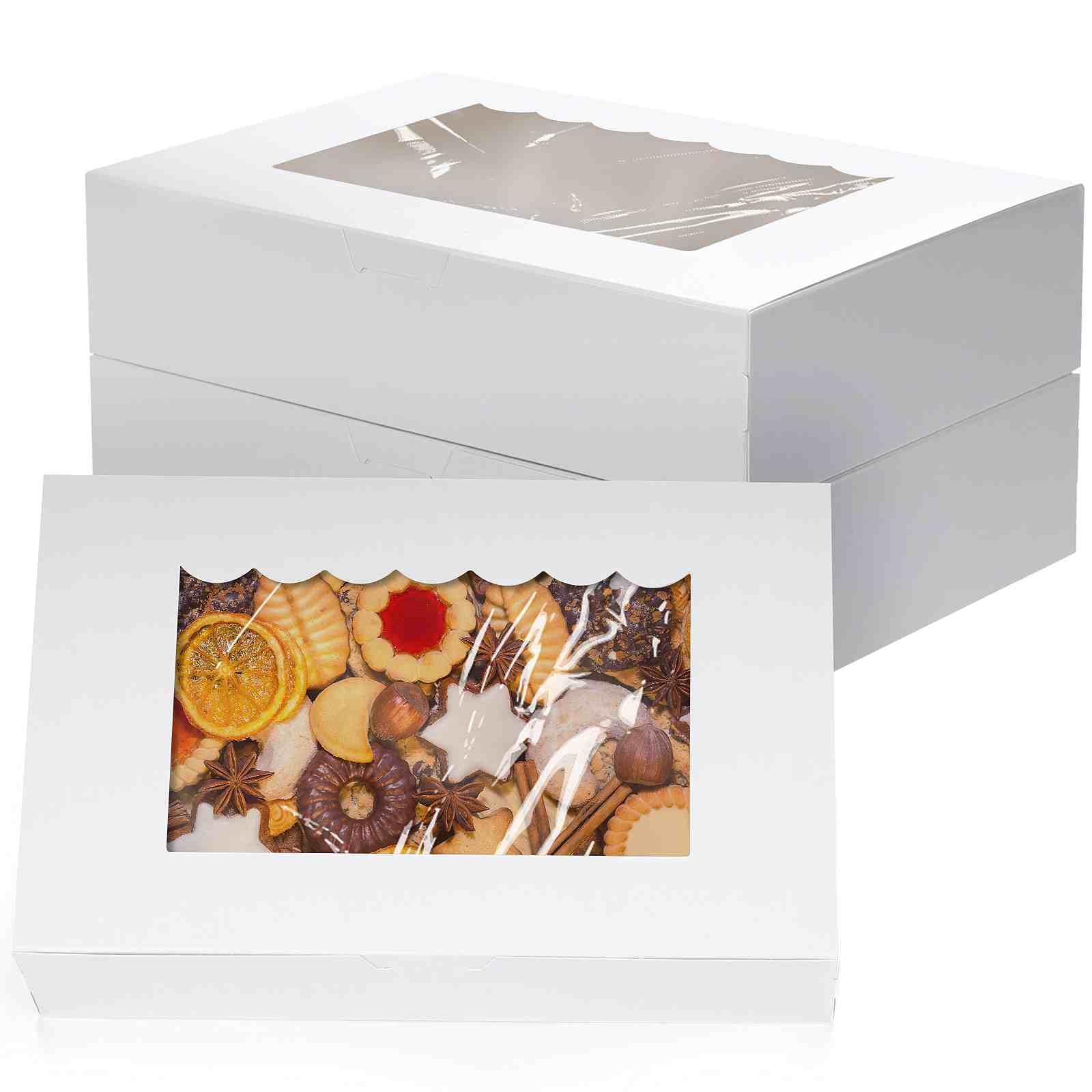 Caja de Reposteria Carton de 20 Piezas, 21,5 x 14 x 5,1 cm Caja de Regalo con Ventana Transparente para Galletas, Pastelería, Bizcochos, Blanco
