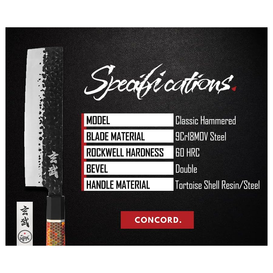 Concord Genbu Traditional Japanese Chef's Knife Raw Hammered Double Beveled 9CR18MOV Blade w/ 60 HRC. Tortoise Shell Resin Handle. Comes with Magnetic Magnolia Wood Sheath with Stand. (7" Nakiri)