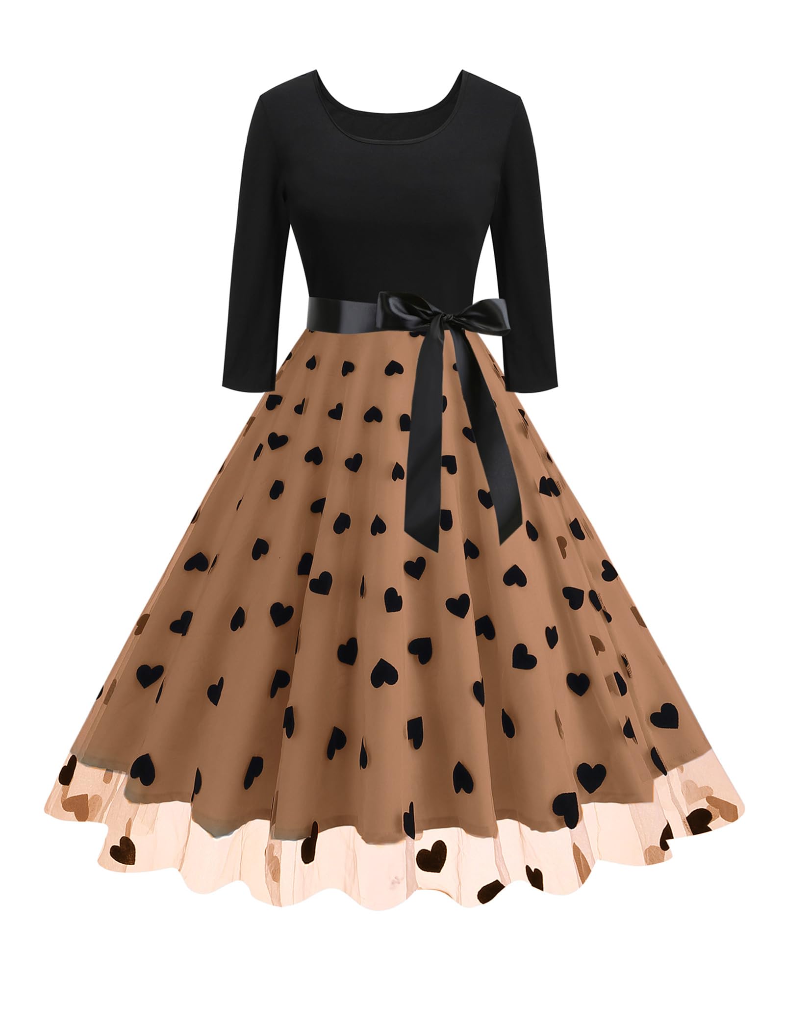 EFOGEP 1950s Formal Vintage Cocktail Dresses for Women Retro Long Sleeve Mesh Flowy A-Line Polka Dots Floral Fall Dress
