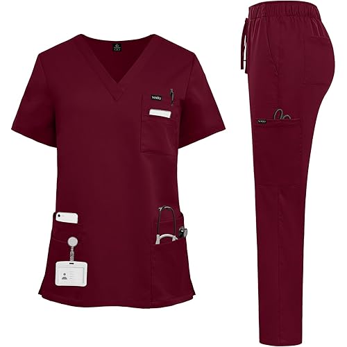 VIAOLI Scrubs for Women Set Modern V-Neck Top & 8 Pocket Jogger Pants Nursing Uniform Solid Stretch Workwear