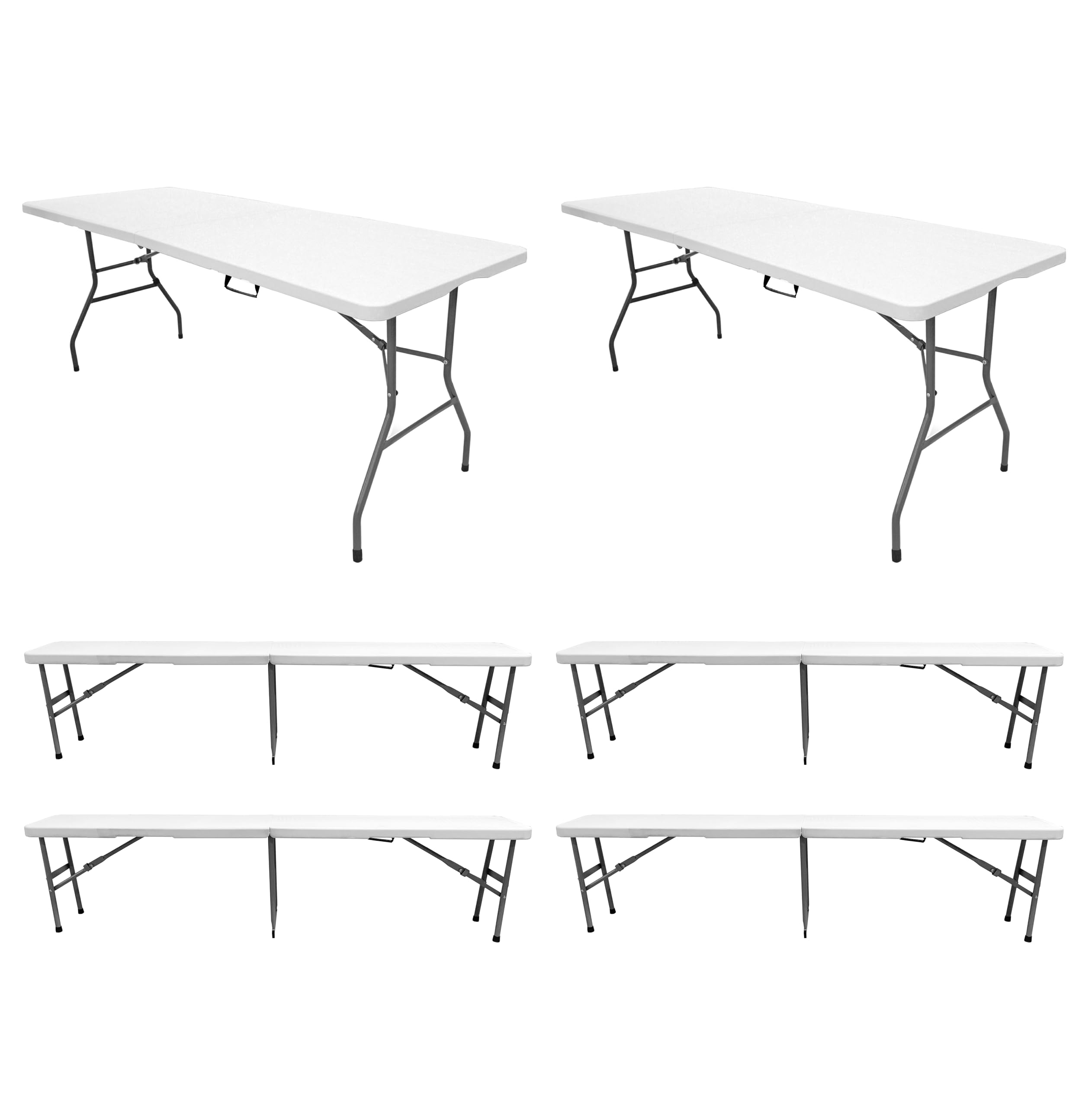 The Homeweeks Pack 2 Mesas Plegables con 4 Bancos Solid 180cm | Portátiles Normativa Uso público Interior/Exterior | Capacidad 6/8 Personas | Carga 150 kg por Mesa 300 kg por Banco Multiusos jardín