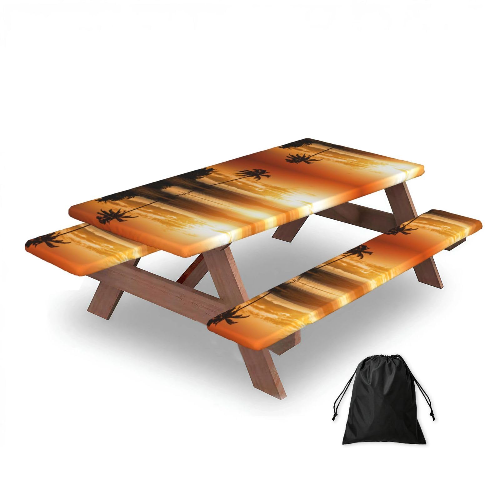 ESNAIUVCD Palm Tree Sunset Print Picnic Table Cover With Bench Covers,Camping Essentials,Fitted Tablecloth Cover With Elastic Edge, For Indoor & Outdoor 3 Pcs