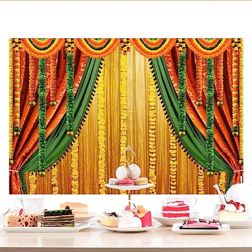 Image of Lofaris India Pooja Photography Backdrop Puja Ganpati Pooja Traditional Mehndi Festival Background Decorations Wedding Party Marigold Garlands Photo Props 9x6ft