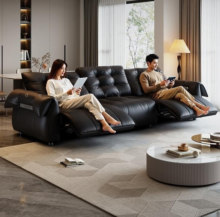 KIBONCY Elektrisches Multifunktionssofa, Wohnzimmer, italienisches einfaches Sofa, Kino, automatisches teleskopisch verstellbares Ledersofa(3.42m)