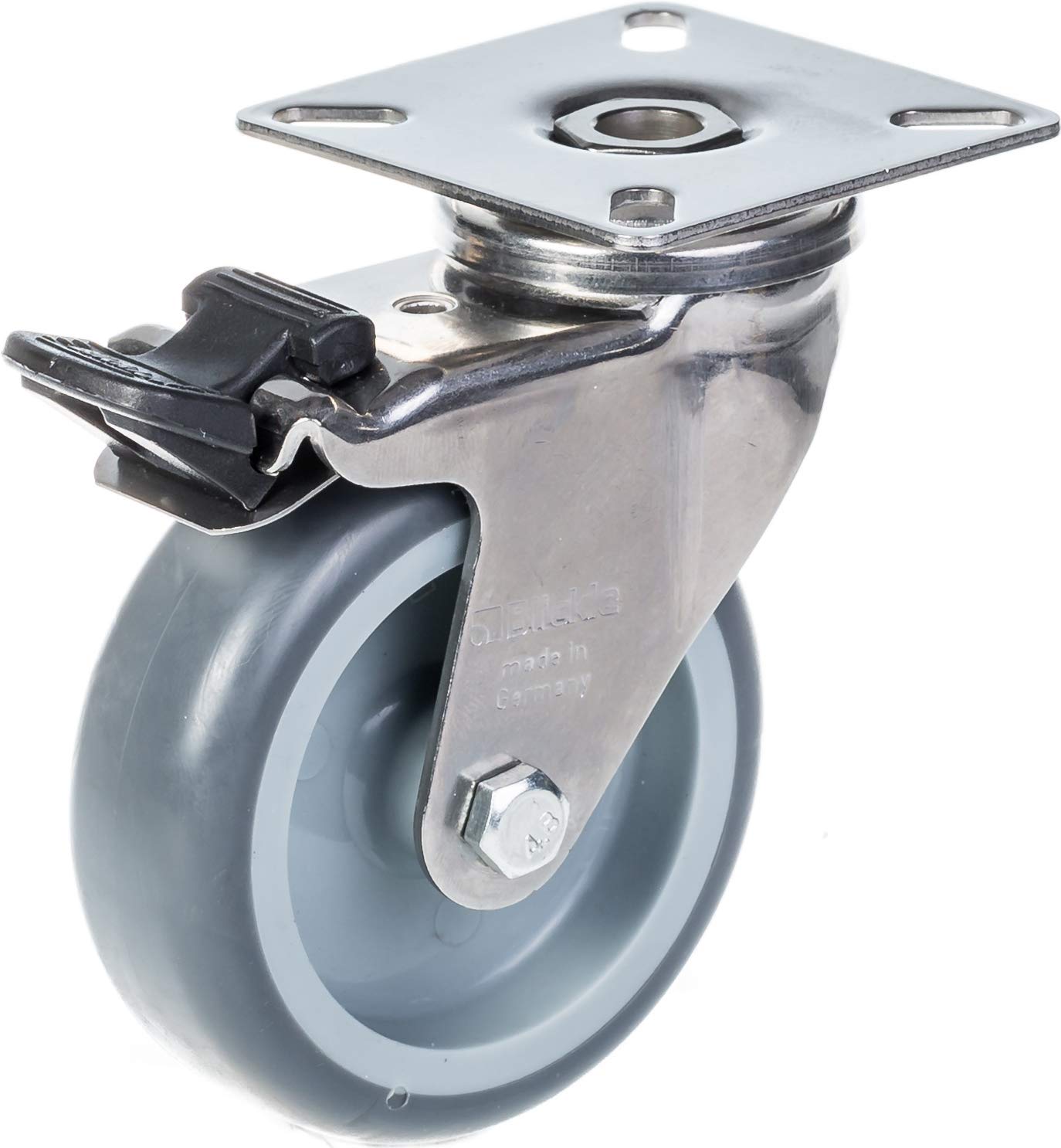 Roulettes en acier inoxydable de 75 mm (3 pouces) avec bandage gris, pivotantes et équipées d'un frein, capacité de charge de 120 kg, lot de 2