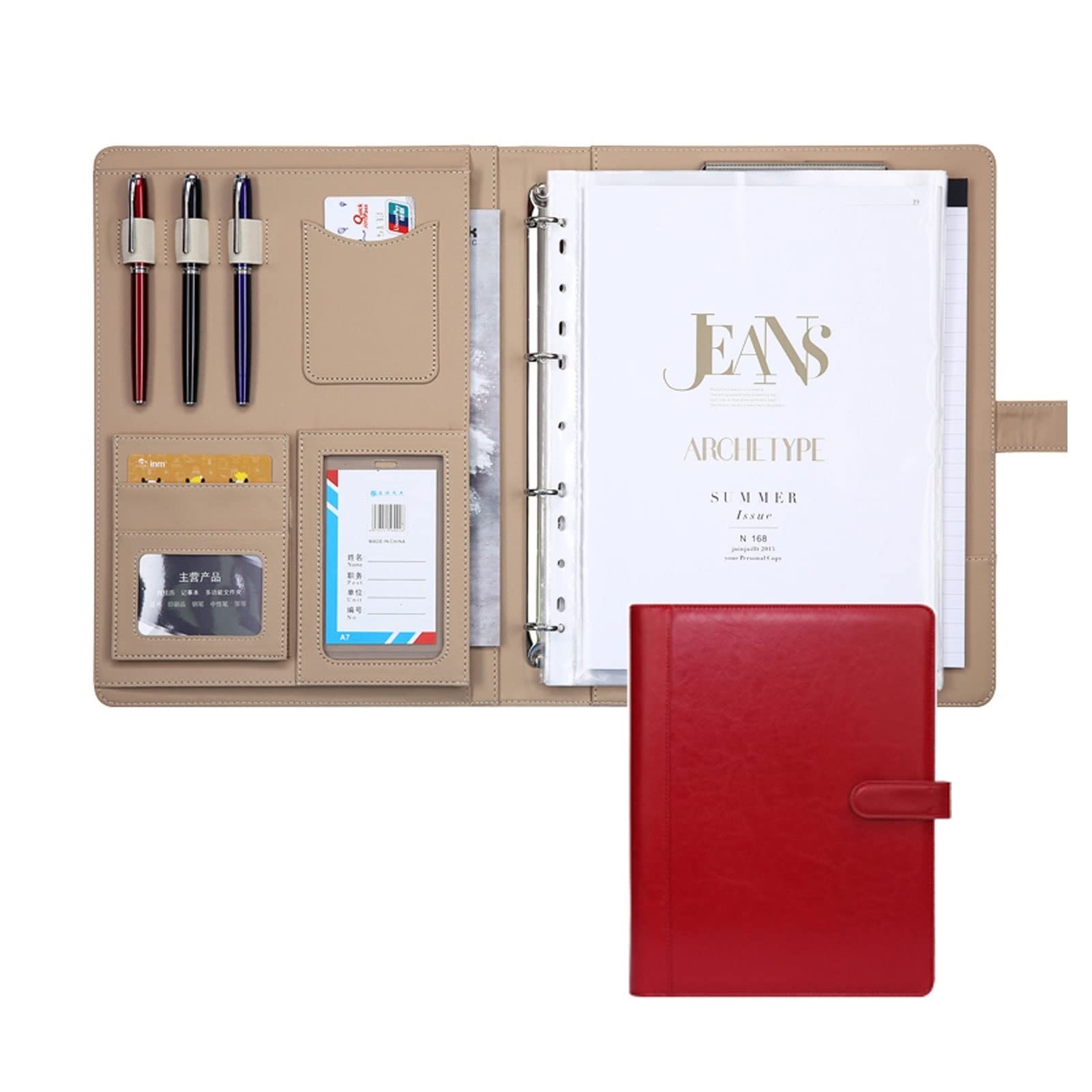 Teczka konferencyjna A4 z notatnikiem formatu A4 (papier notatnika w zestawie), etui na karty, kieszenie na konferencję biurową szkoły biznesowej (Color : Red, Size : No calculator)